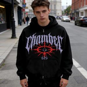 Sudadera con Capucha Gótica para Hombre, Estilo Urbano, Corte Regular, Forro Polar Grueso, con Estampado de Logotipo, Hombros Caídos, Cierre Completo, 100% Algodón - Product Image 1