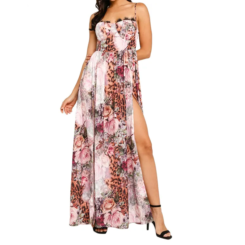 Summer Sleeveless Chiffon High Slit Print Thigh Split In Floral Sexy Leopard Casual Maxi Dress Robe Femme Women With Feather