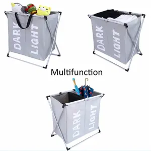 Large 3 Section Laundry Basket Bag mit X-Frame Double Laundry Basket Durable Clothes Bag für College Apartment Grey