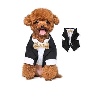 Tenue de smoking élégante et luxueuse pour chien - Ensemble de mariage respirant en polyester pour chiens de petite à moyenne taille avec nœud papillon doré - Product Image 1