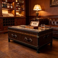 Table Basse de Rangement en Cuir Véritable Huilé Style Médiéval, Meuble Haut de Gamme pour Bar à Cigares et KTV, Aucun Assemblage Requis