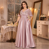 Robe de soirée longue en satin rose poudré grande taille pour mère de la mariée, col en V, manches à volants, broderie florale, vente en gros