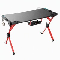Bureau de jeu en aluminium durable avec plateau en fibre de carbone, éclairage LED RGB 8 couleurs de 1,8 cm, porte-gobelet et support pour casque