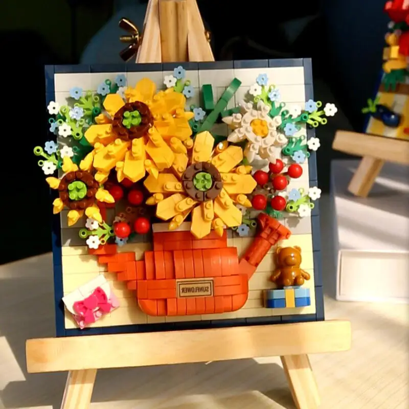 Bunga matahari mawar buket pot Dekorasi Rumah 3D Model bunga matahari buket mawar DIY pot hadiah Mini blok bangunan Brik mainan