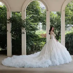 Gaun pesta warna biru langit kualitas tinggi gaun pengantin putri gaun leher sweetheart renda berkilau rok berjenjang MK314