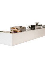 Modèle personnalisé Yimutang 20251226, comptoir de réception en acier inoxydable, design minimaliste moderne, multifonctionnel, arc de coin, café, bar