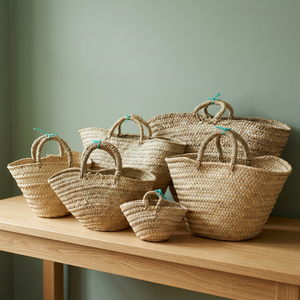 Ensemble de paniers tressés en paille faits à la main, couleur naturelle avec poignées, motif cœur coloré, pour Halloween, décoration intérieure et rangement artisanal - Product Image 2