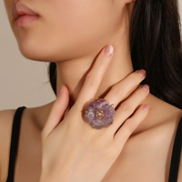 Cincin Bunga Kristal Berwarna Emas Grosir untuk Wanita, Perhiasan Batu Alam Berlapis Tembaga, Hadiah