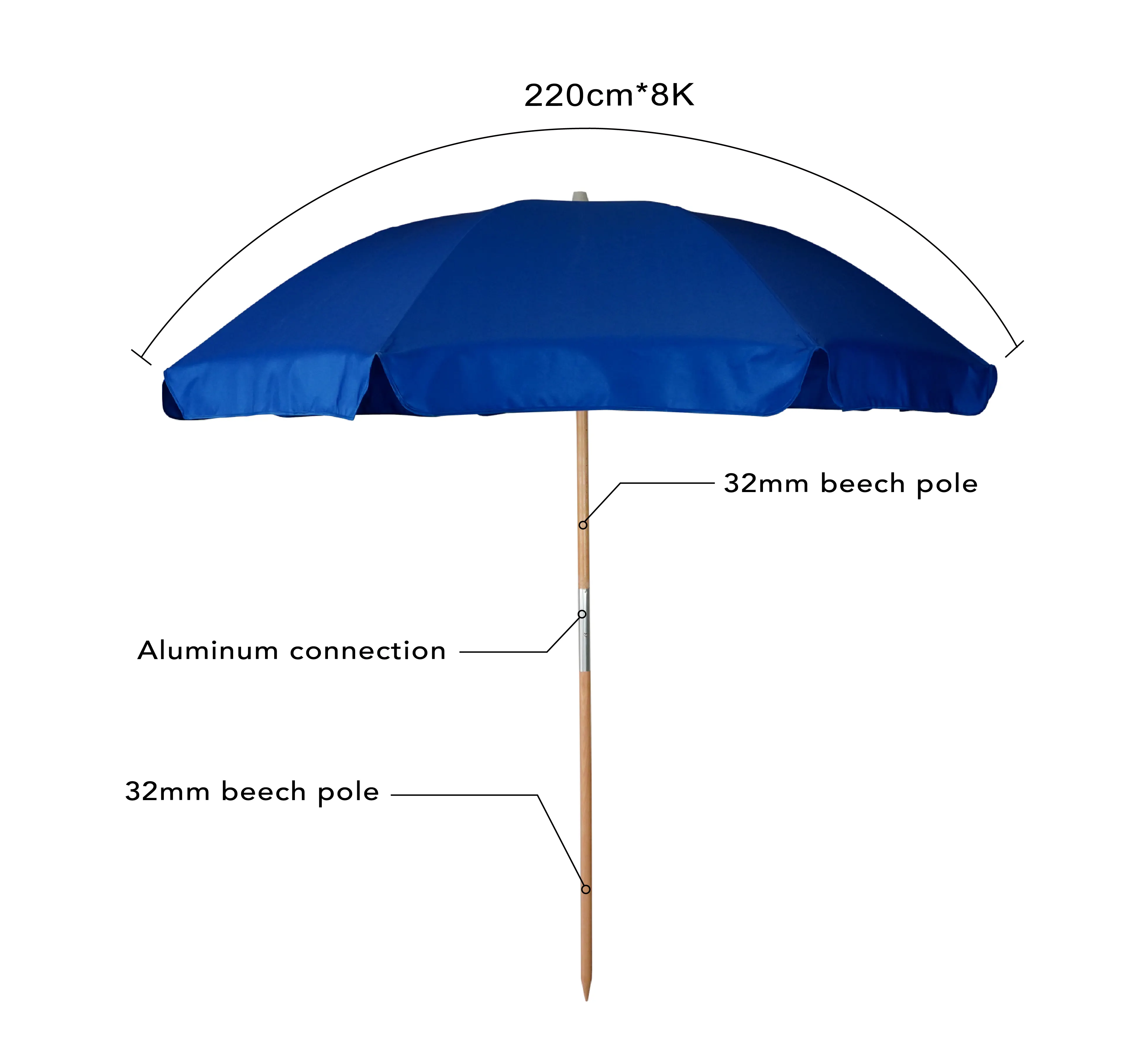 맞춤형 인쇄 블루 2.2m 대형 8mm 유리 섬유 UPF 50 + 폴리에스터 시장 야외 여름 태양 파라솔 비치 우산 판매