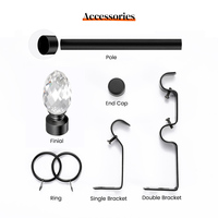 Embout de tringle à rideau en métal, verre cristal noir, 19 mm, réglable, extensible, avec supports, anti-rouille, durable, pour salon