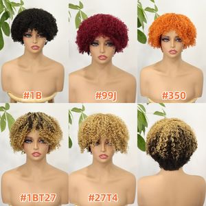 Perruques courtes bouclées afro blondes ombrées pour femmes noires, perruque afro courte avec frange, fabriquée à la machine, cheveux humains vierges indiens, coupe pixie - Product Image 5
