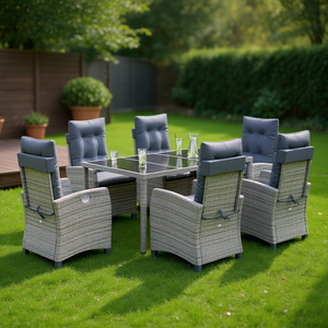 Set da Pranzo da Giardino in Polyrattan Grigio con 7 Pezzi e Braccioli Regolabili, Stile Contemporaneo, 6 Posti - Product Image 2
