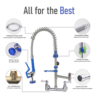 Robinet de cuisine commercial classique en acier inoxydable 304 avec tuyau intégré + laiton, pré-rinçage, 2 trous, pulvérisateur flexible de qualité alimentaire, mur, salle de bain