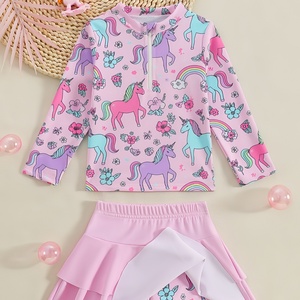 Conjunto <span class=keywords><strong>de</strong></span> natación <span class=keywords><strong>de</strong></span> dos piezas para niñas: Top <span class=keywords><strong>de</strong></span> manga larga con media cremallera y falda, <span class=keywords><strong>de</strong></span> poliéster con estampado <span class=keywords><strong>de</strong></span> caballo <span class=keywords><strong>en</strong></span> colores pastel, traje <span class=keywords><strong>de</strong></span> sol. - Product Image 3