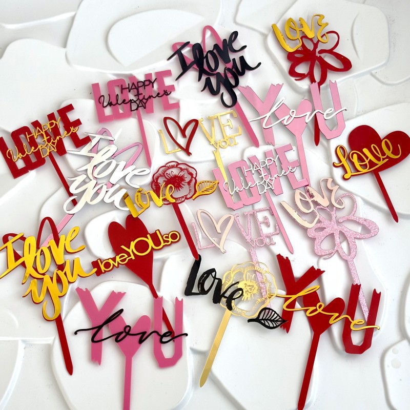 Ychon Hot Selling Happy Valentine's Day LOVE Cake Toppers Acrylic Cake Decorations Supplies for Valentine's Day