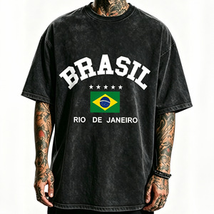 Vintage <b>Washed</b> Regular Fit Men T-Shirt Short Sleeve O-Neck 100% Cotton Jersey Breathable Letter Flag Print Casual Streetwear - Product Image 4