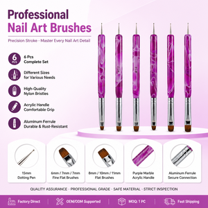 Ensemble de 6 pinceaux à double tête pour nail art, manche violet, facile à nettoyer, stylo gel pour la création de designs de manucure - Product Image 1