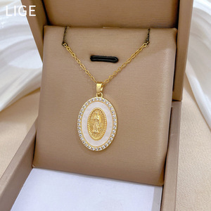 Collier pendentif plaqué <span class=keywords><strong>or</strong></span> chrétien, <span class=keywords><strong>médaille</strong></span> Vierge Marie avec zircone diamant arc-en-ciel pour mariages - Product Image 5