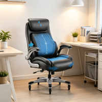 Chaise de bureau ergonomique de direction à dossier haut avec support lombaire escamotable, roulettes améliorées, appuie-tête réglable et accoudoirs relevables