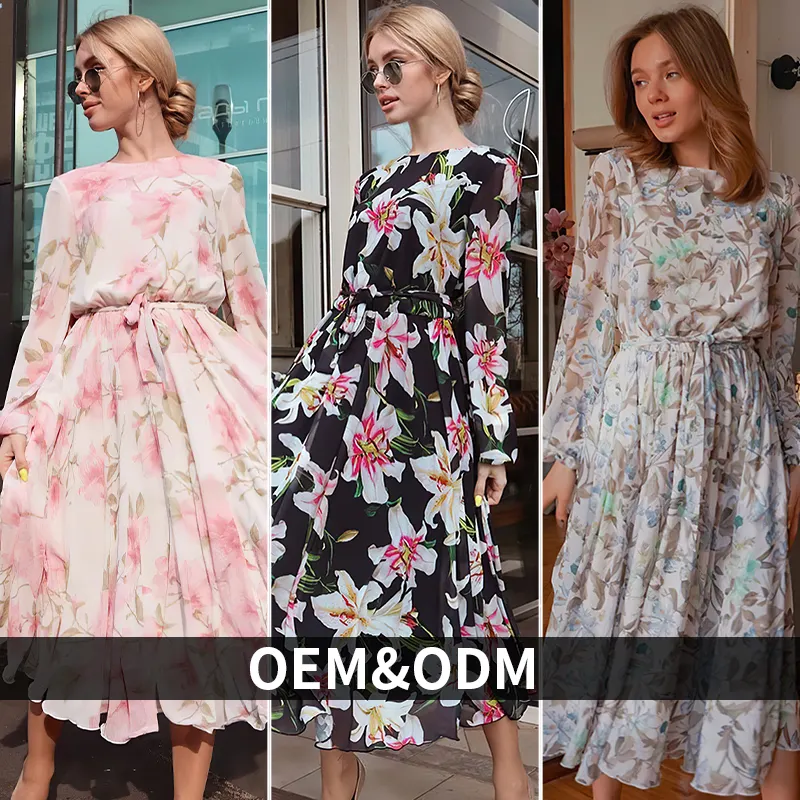 Custom Manufacture Ladies Summer Long Sleeve Chiffon Floral Printed Draped Elegant Casual Long Dress