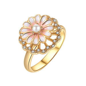 Joyería de moda al por mayor: Anillo giratorio antiestrés de cobre chapado en oro con circonita, flor esmaltada y concha, resistente al deslustre, para compromiso. - Product Image 5