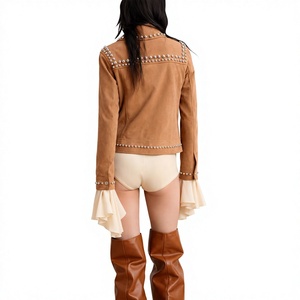 Warm Tan Brown Suede Leather Jacket <b>for</b> Women, <b>Studded</b> Fitted Suede Jacket, Brown Jacket, Embellished Leather Jacket - Product Image 2