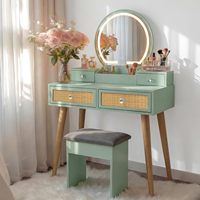 Petit ensemble de coiffeuse avec miroir sur pied éclairé à 3 modes réglables - Bois durable 31 pouces Vert menthe Moderne pour chambre à coucher