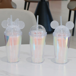 Vaso de Plástico Acrílico Transparente de Doble Pared Reutilizable al por Mayor para Verano, 16oz, con Tapa de Orejas de Ratón y Popote - Product Image 2