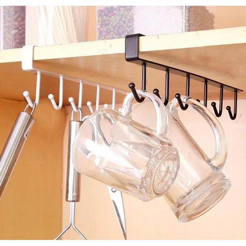 Sắt 6 Hooks Lưu Trữ Kệ Tủ Quần Áo Tủ Kim Loại Dưới Kệ Mug Cup Hanger Phòng Tắm Nhà Bếp Organizer Treo Giá Chủ