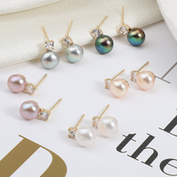 Boucles d'oreilles classiques en perles de la Princesse Diana, perles d'eau douce naturelles, aiguille en argent 925, diamants incrustés, multicolores, 7-8 mm