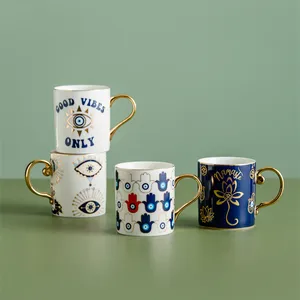 ZC Ceramic Evil Eyes Creative Birthday Gift Coffee Mugs with gold handle Blue Eye Porcelain Tea Cups custom logo printed