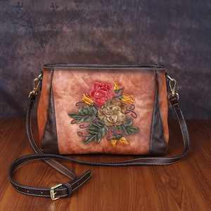 Ando <b>Bag</b> Vintage Floral Embossed <b>Genuine</b> Cowhide <b>Leather</b> Shoulder Crossbody <b>Bag</b> for Women - Product Image 4