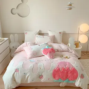 Cartoon Applique Roze Melk Fluwelen Dekbed Hoes 4 Stuks Laken Kinderbeddengoed Set Leverancier