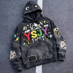 YSJY OEM Streetwear coloré impression numérique Sun Fade Vintage Chenille 3d broderie Patch surdimensionné lavage à l'acide sweat à capuche pour homme - Product Image 1