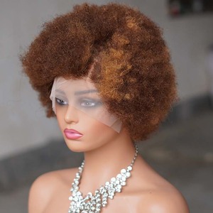 Perruque sans colle en dentelle monofilament vierge vietnamienne HD, petits nœuds blanchis, mèches brunes claires/foncées, franges, coupes afro bouclées - Product Image 1