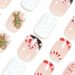 Uñas postizas francesas con diseño de hombre de jengibre navideño y bastón de caramelo, con letras de dibujos animados, al por mayor - Product Image 3
