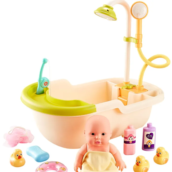 Aşk alınan melek çocuk rol oynamak simüle plastik sprey bebek banyo oyuncakları ile bebek küveti set