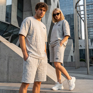 Ensemble T-shirt et short <span class=keywords><strong>pour</strong></span> <span class=keywords><strong>homme</strong></span> avec lettrage 3D en relief personnalisé, style Gorpcore, surdimensionné, unisexe, OEM, vente en gros, streetwear - Product Image 5