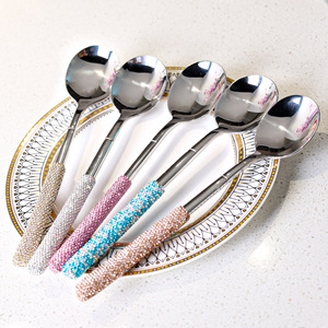 Ensemble de cuillères en acier inoxydable Jin Hui avec strass, 5 pièces, poli miroir, cuillères à café, à thé, à soupe, manche décoratif, vaisselle de cuisine - Product Image 2