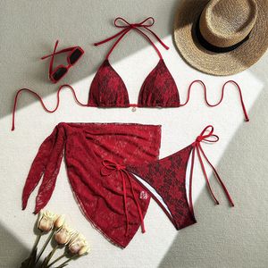 Ensemble bikini 3 pièces en dentelle pour femme avec haut triangle à nouer, maillot de bain à nouer sur les côtés, motif floral, séchage rapide, et jupe de plage - Product Image 4