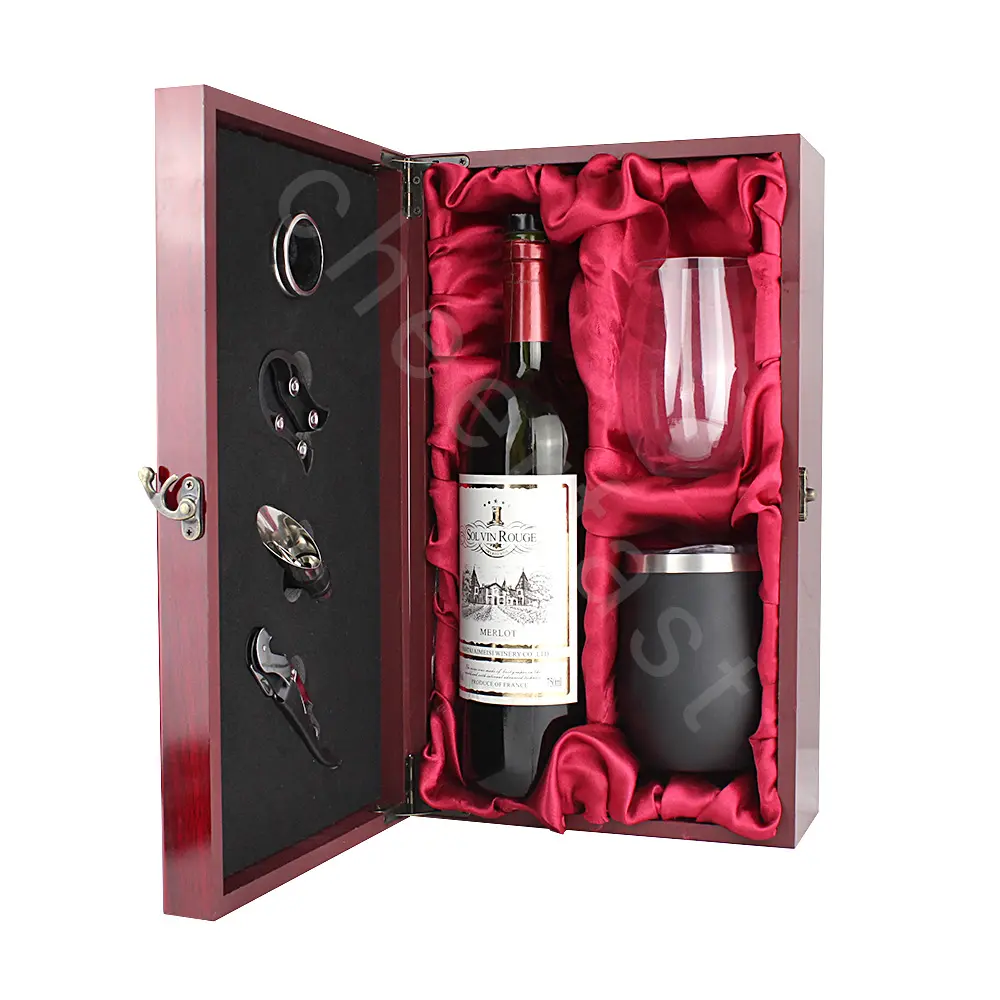 Manufacturer Wholesale Reusable Wooden Red Wine Double Bottle Box And 4pcs Accessories Kit 2 Bottle Wooden Wine Gift Box