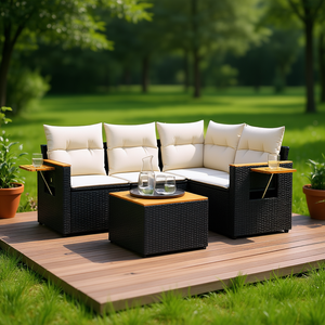 Ensemble de canapés de jardin en rotin noir avec pieds réglables, mobilier d'extérieur au design contemporain, coussins en mousse haute densité - Product Image 2