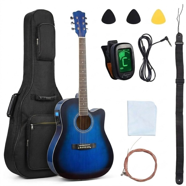 Blue Acoustic Electric Guitar with Built-in Tuner & Gig Bag - 41 Inch Full Size Cutaway for Beginners and Professionals
