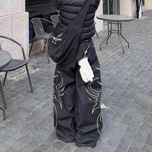 Stonewashed Wide Leg Denim Pants With White Embroidery Streetwear Style High Waist Loose Fit Cotton Midweight <b>Winter</b> <b>Jeans</b> - Product Image 1