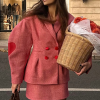 Blazer chic en tweed haut de gamme pour femmes, veste de costume à double boutonnage à manches longues, tenue de travail, blazer à manches bouffantes en zigzag