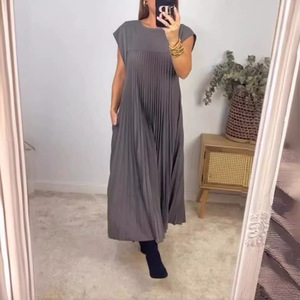 Robe jupe longue à la mode pour femmes avec col rond et détail plissé sans manches respirant bureau dame Style vêtements - Product Image 4