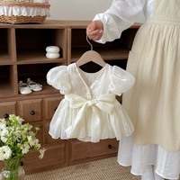 Robe barboteuse d'été en maille à manches bouffantes avec nœud pour bébés filles, tenue de princesse
