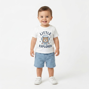 Conjunto de Ropa de Verano de Dos Piezas para Bebé Niño, Personalizado al por Mayor, Camiseta de Manga Corta con Estampado de Oso de Dibujos Animados, Algodón Suave - Product Image 1