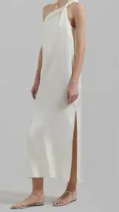 Gaun maxi linen wanita panjang putih, gaun katun dan linen tanpa lengan paha tinggi musim panas