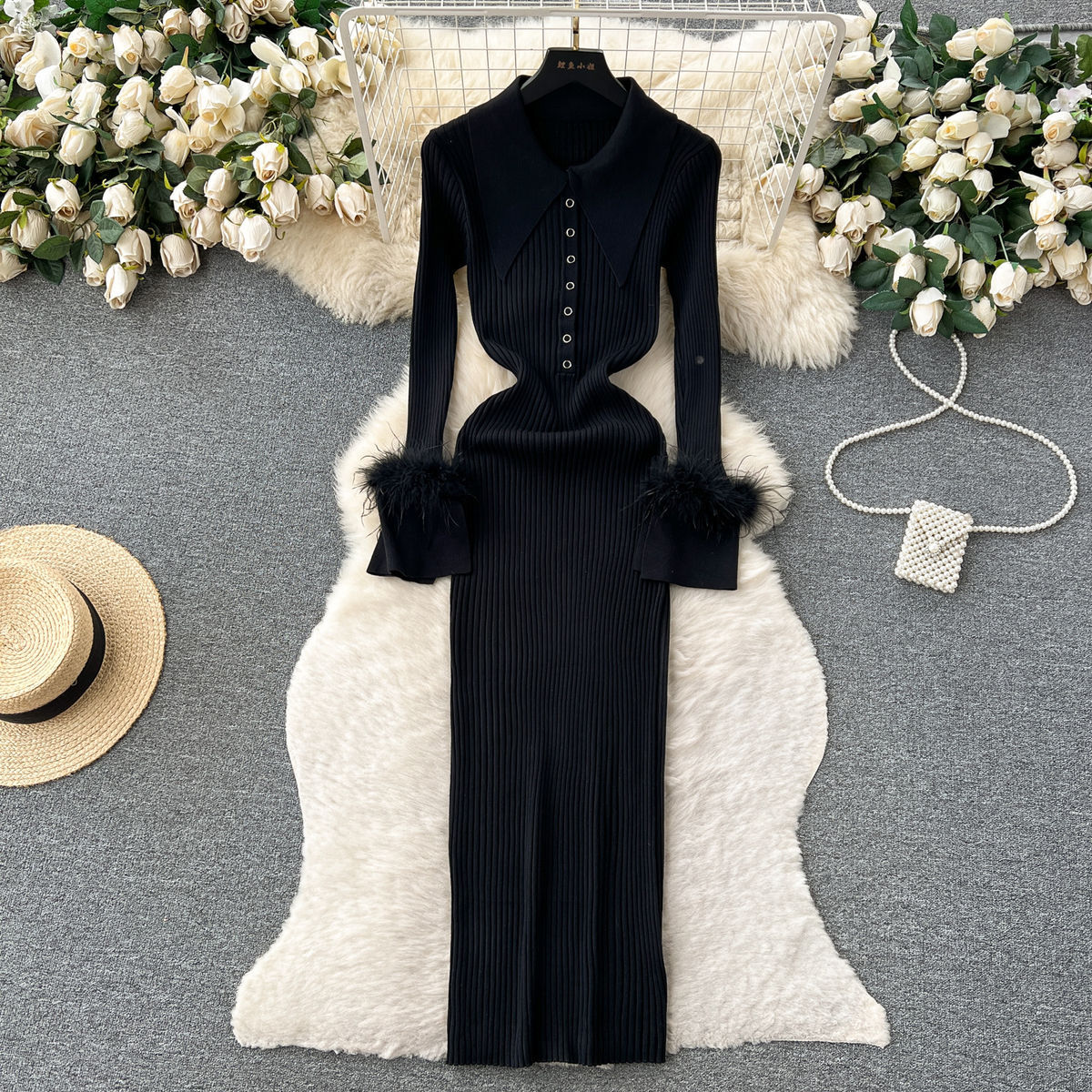Autumn Winter 2023 Elegant Fur Long Sleeve Knitted Sweater Dress